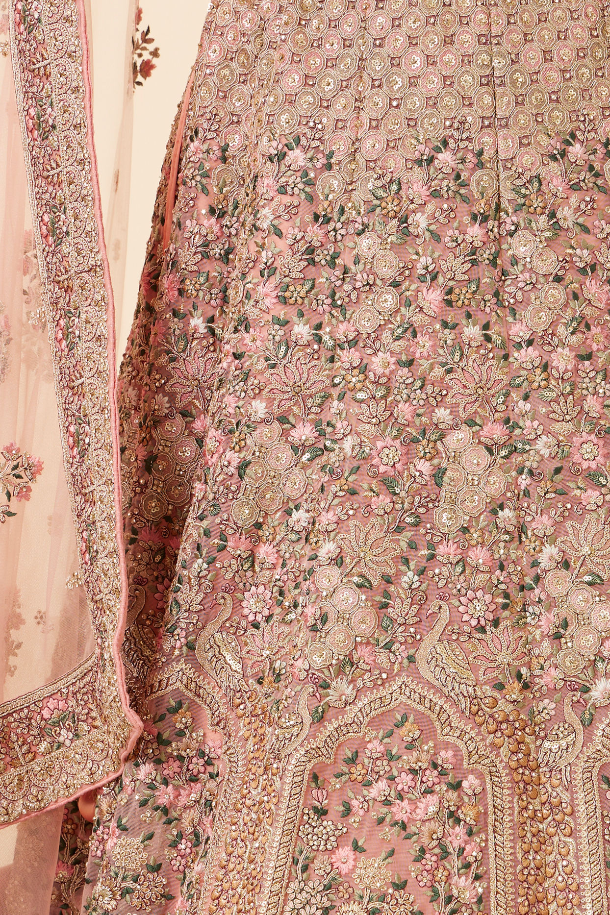 Geranium Pink Bel Buti Patterned Bridal Lehenga image number 5